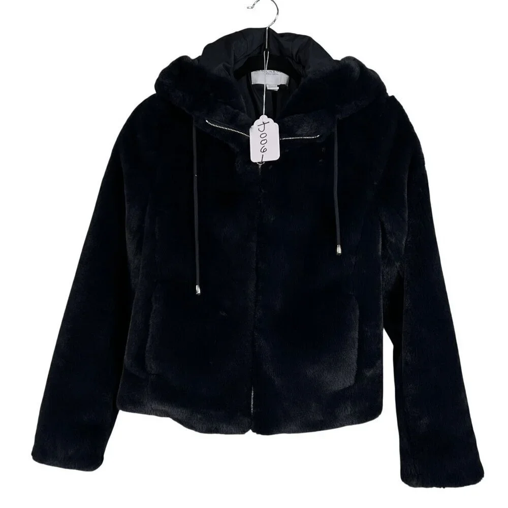 Carolina Belle Montreal Womens XS Black Plush Faux Fur Hooded Teddy Bear Jacket - Picture 12 of 13